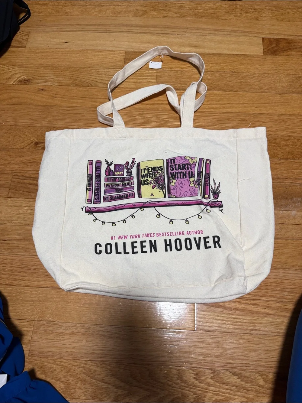 Colleen Hoover Cream Canvas Tote Bag with Illustrated Shelf Design